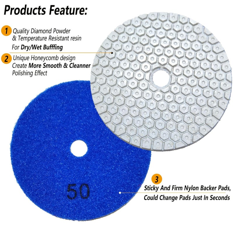ANTENGDATOOL 4 Inch New Model Dry Diamond Polishing Pads Grit 50, 1 Box of 6 Piece Dry/Wet Marble Buffing Pad for Granite Marble Quartz Concrete Stones(Need Water for Hard Tile) - Image 3